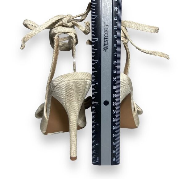 ASOS Women Linen Lace Up High Heels Shoes Size US 6 UK 4 Grayish Beige Bow Front - Picture 6 of 11